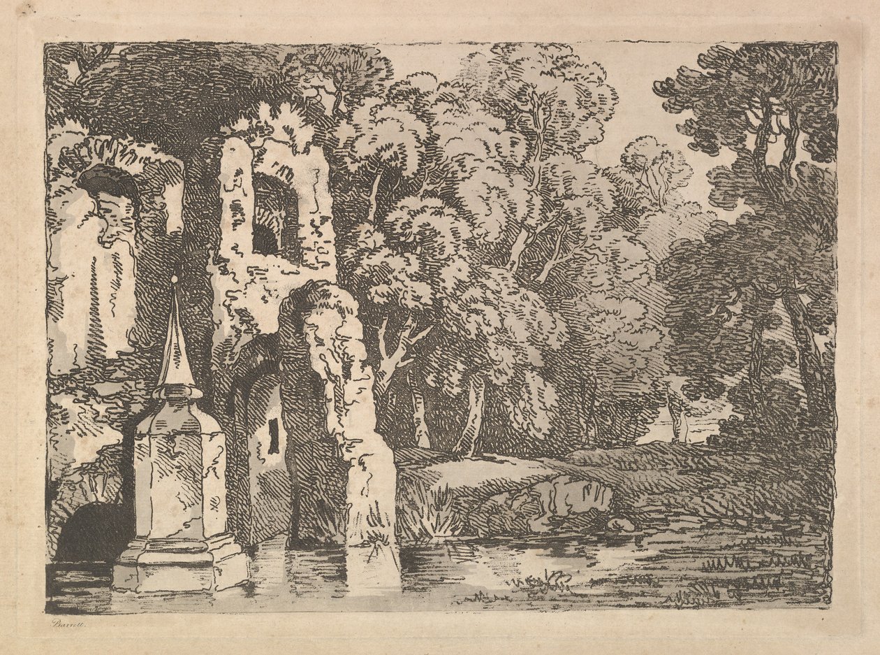 Rovine accanto a una piscina in un paesaggio boscoso da Thomas Rowlandson
