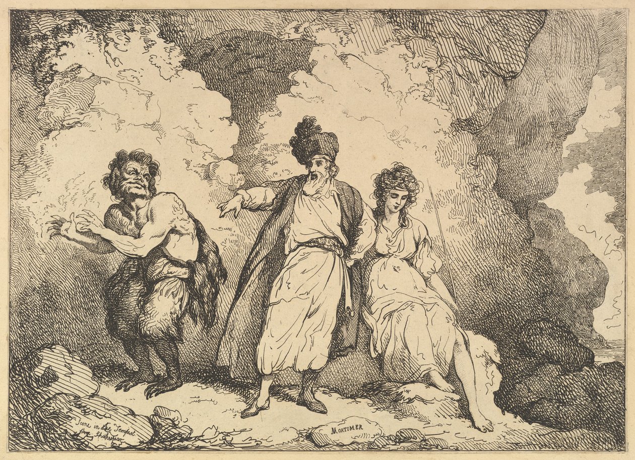 Scena da La Tempesta: Caliban, Prospero e Miranda, [1783-87] ripubblicato 1801 da Thomas Rowlandson