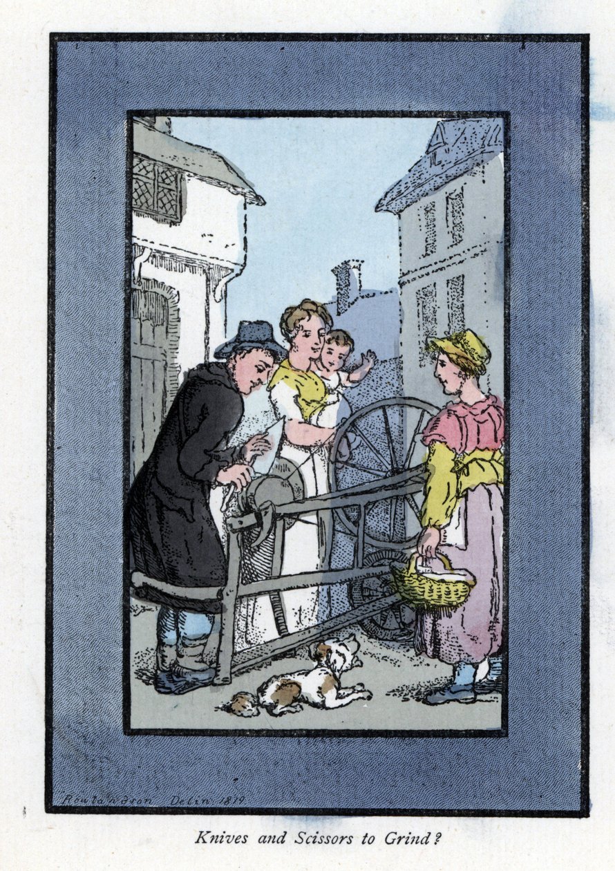 Affilatore che affila un coltello sulla sua mola, con i suoi clienti (1819) da Thomas Rowlandson