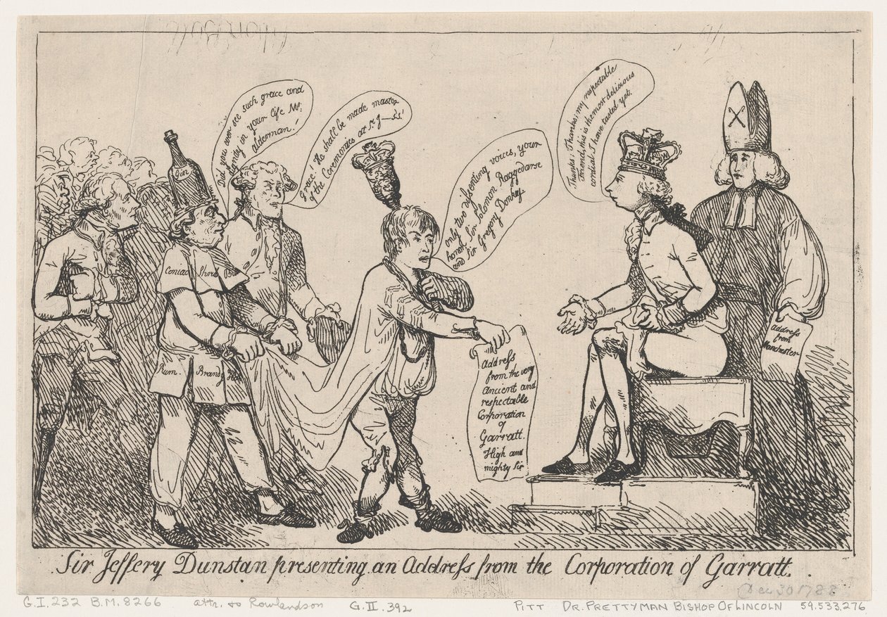 Sir Jeffery Dunstan presenta un indirizzo dalla Corporazione di Garratt da Thomas Rowlandson