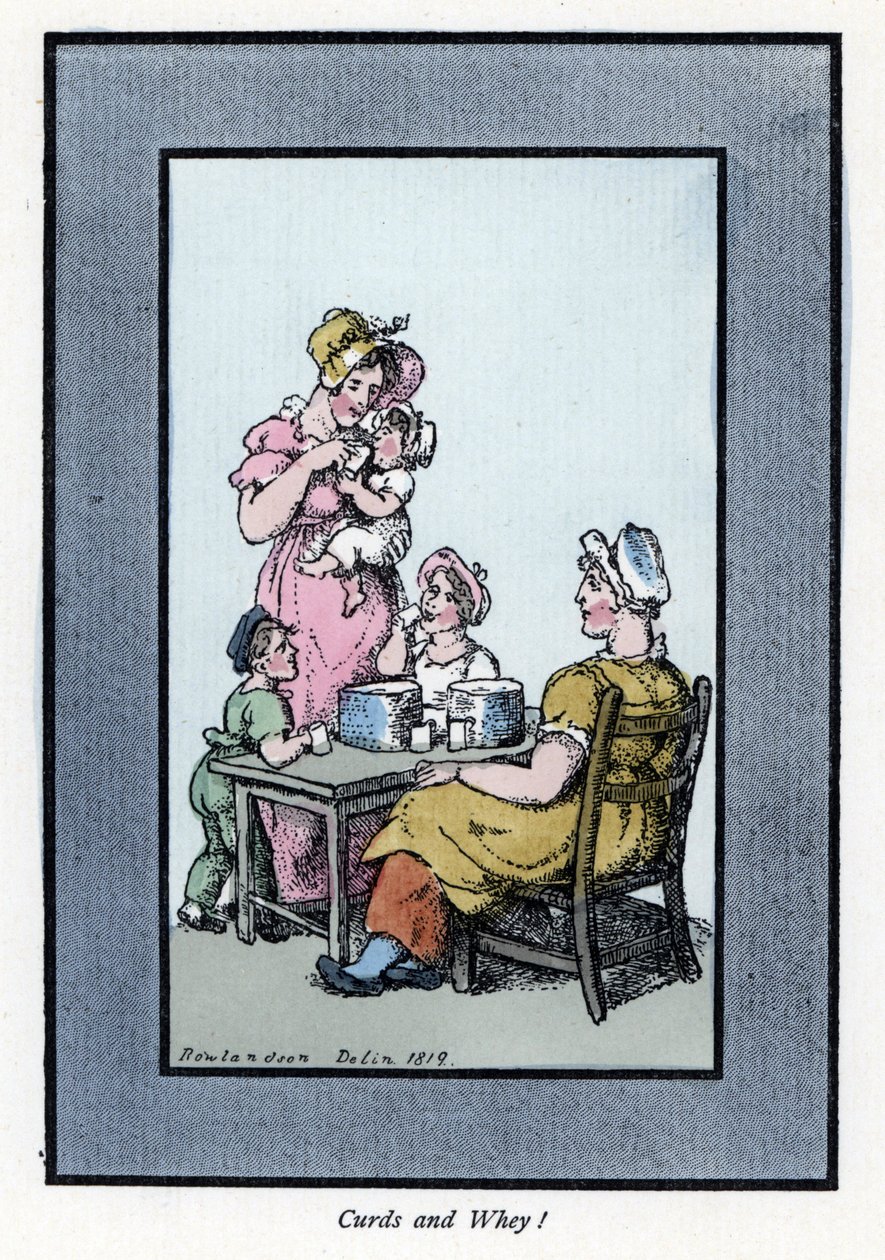 Donna seduta che vende latte di quaglia e latte a una madre e ai bambini (1819). Incisione su legno, basata su un dipinto di Thomas Rowlandson (1756-1827), pubblicata in The Cris of London: con sei bambini affascinanti e quasi 40 illustrazioni, di Andrew T da Thomas Rowlandson