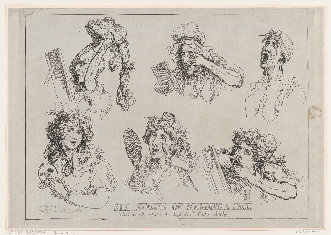 Sei fasi di riparazione di un volto, dedicato con rispetto alla Onorevole Lady Ar..., 29 maggio 1792 da Thomas Rowlandson