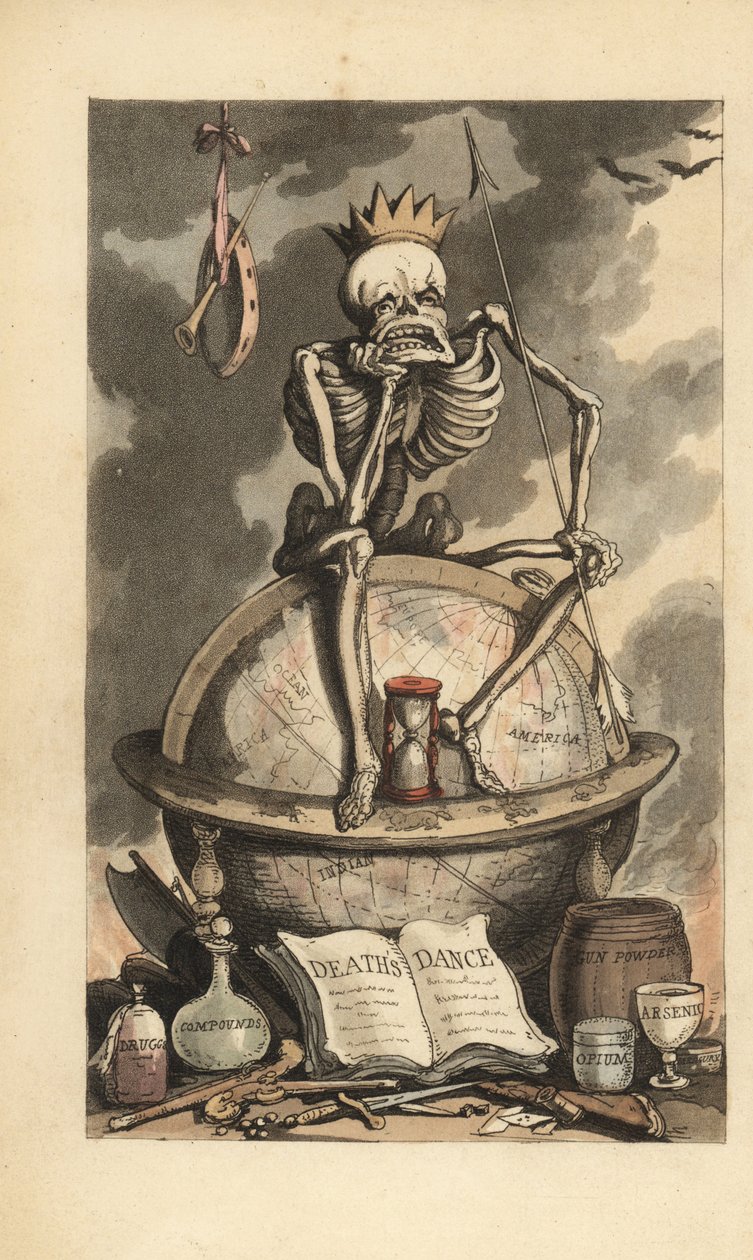 Scheletro con corona, lancia e clessidra seduto su un globo sopra varie armi letali, pistole, coltelli, veleni e droghe. Incisione a mano colorata su rame disegnata e incisa da Thomas Rowlandson da The English Dance of Death, Ackermann, Londra da Thomas Rowlandson