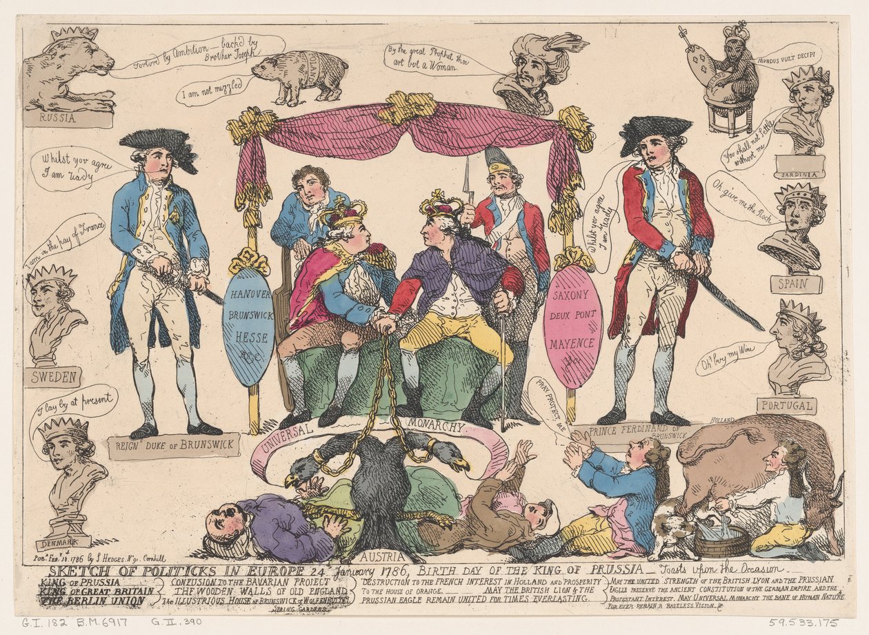Schizzo della politica in Europa, compleanno del re di Prussia, 10 febbraio 1786 da Thomas Rowlandson