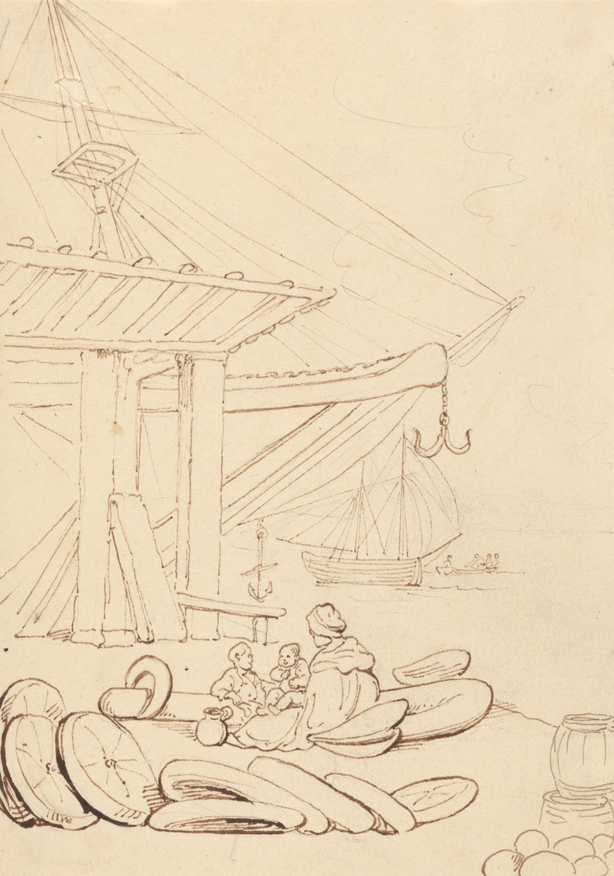 Schizzo di una donna e dei suoi bambini seduti su una banchina portuale da Thomas Rowlandson