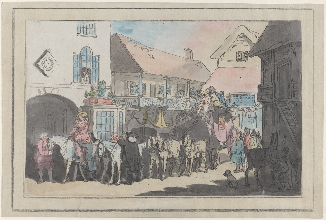 Diligenza e cavalieri nel cortile di una locanda, pronti a partire da Thomas Rowlandson