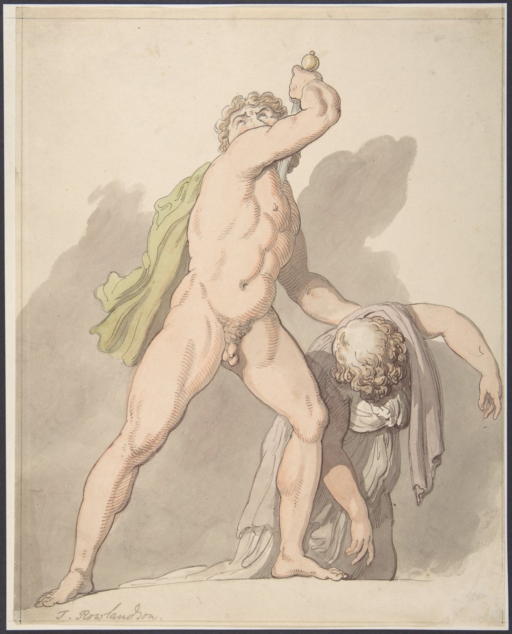 Uomo nudo in piedi che sostiene una donna svenuta (Il Galata dei Ludovisi agli Uffizi) da Thomas Rowlandson