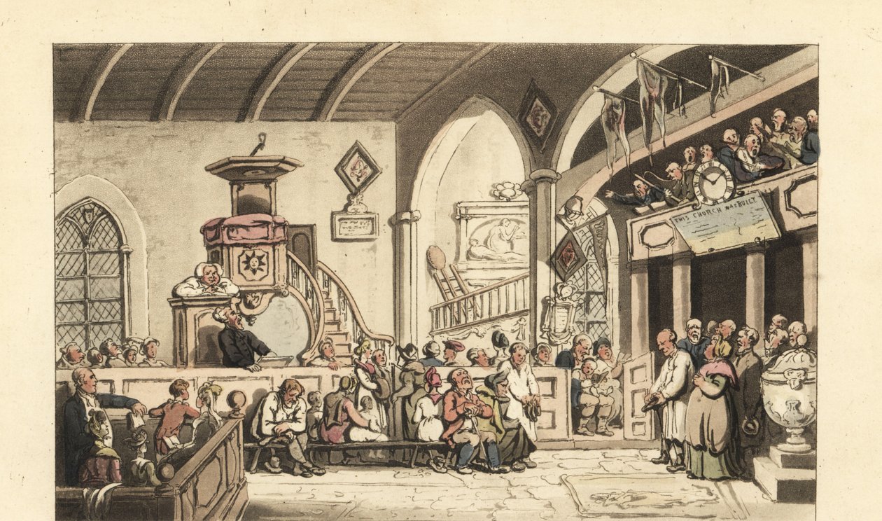 Servizio domenicale in una chiesa di campagna, Era Regency da Thomas Rowlandson