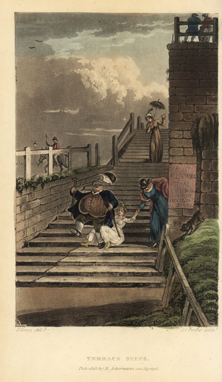 Scalinata della terrazza: turisti cadono dalle scale di Cliff Terrace. Incisione a mano colorata su rame di Thomas Rowlandson, acquaforte di J.C. Stadler, da un disegno di J. Green da Poetical Sketches of Scarborough, Ackermann, Londra da Thomas Rowlandson