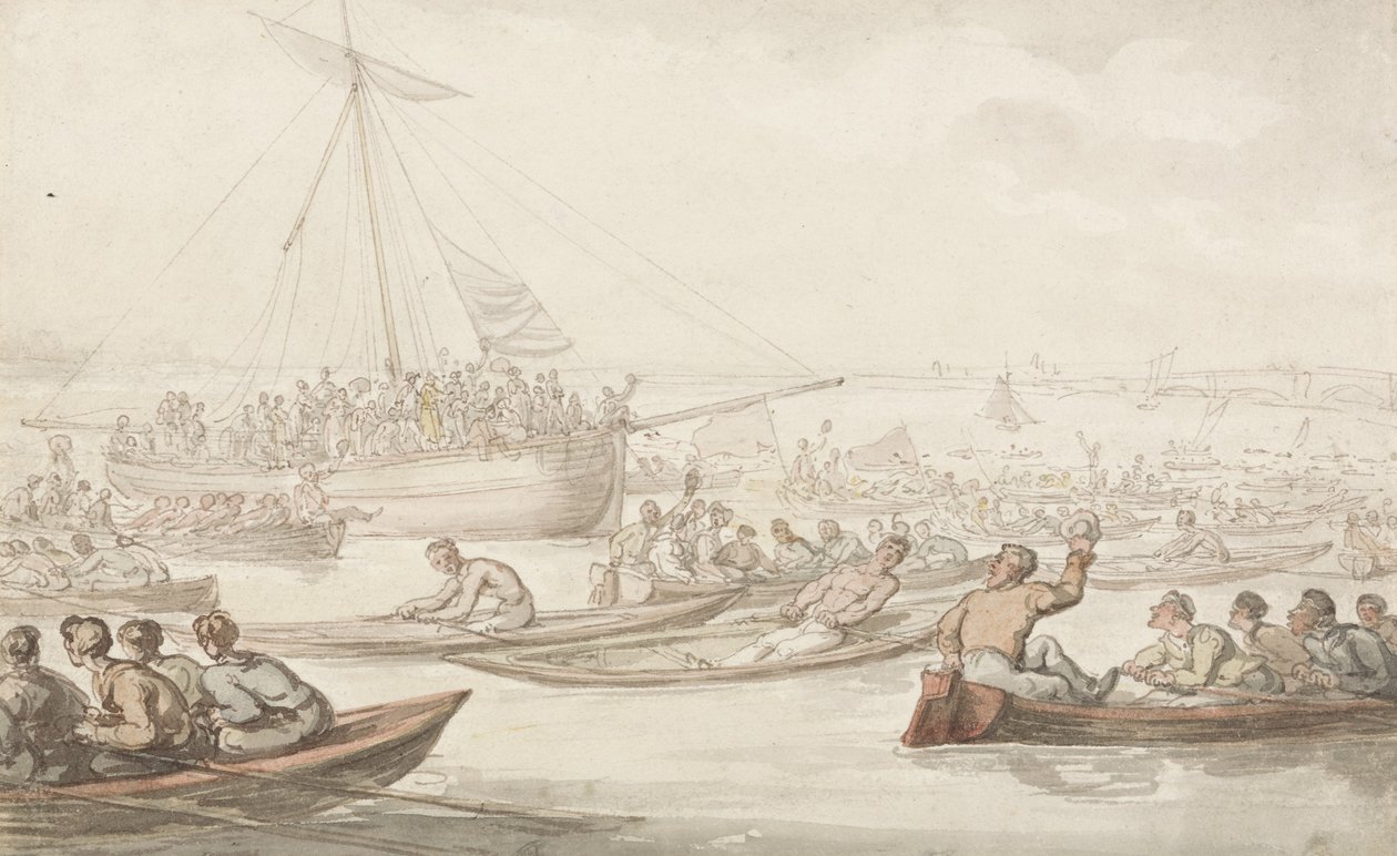 La gara annuale di canottaggio per il cappotto e il distintivo di Doggett da Thomas Rowlandson