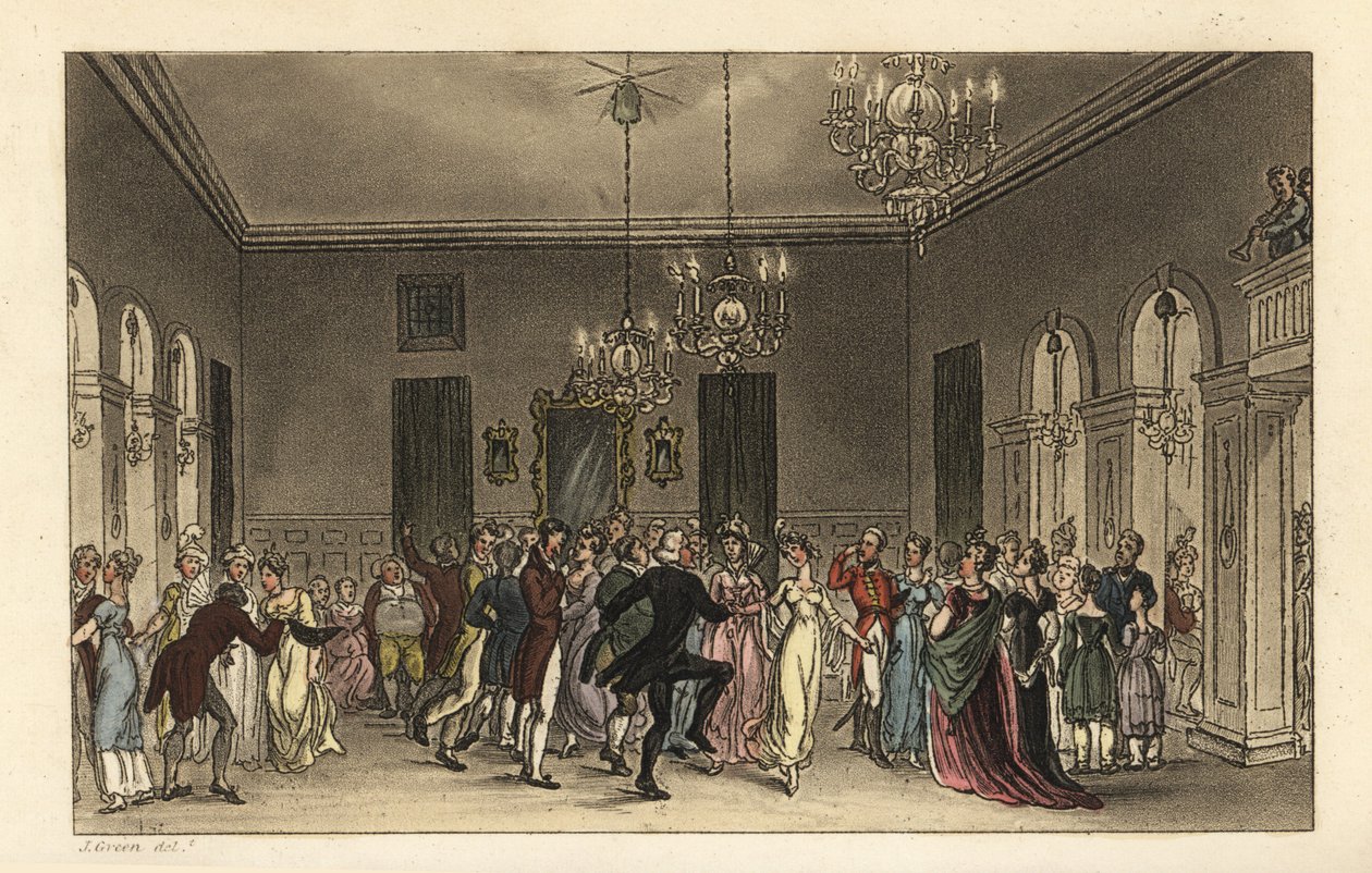 La sala da ballo: turisti alla moda che ballano nelle Assembly Rooms di Scarborough. Ogni gentiluomo che balla paga 2s, e ogni signora che beve tè paga 1s. Incisione a mano colorata di Thomas Rowlandson da Poetical Sketches of Scarborough, Ackermann, Londr da Thomas Rowlandson