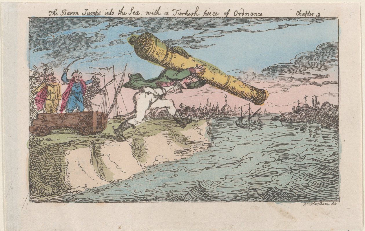 Il barone si tuffa in mare con un pezzo di artiglieria turca, [1809], ripubblicato nel 1811 da Thomas Rowlandson