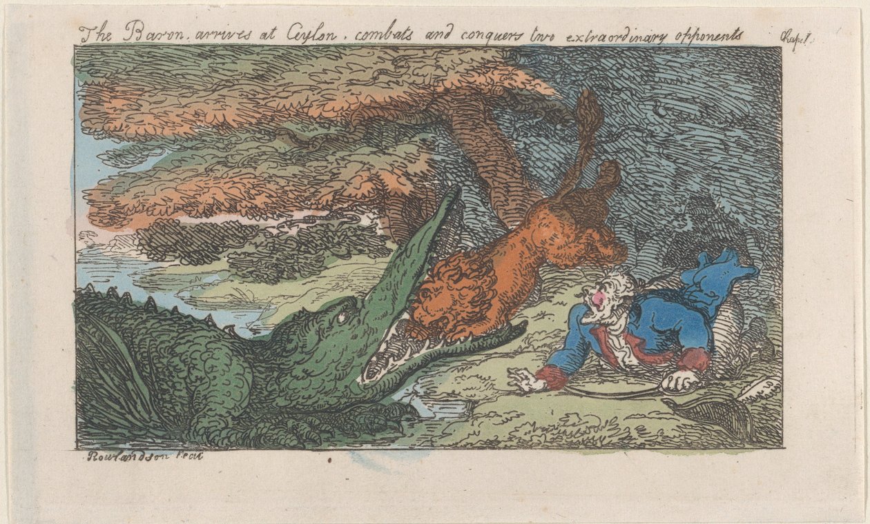 Il barone arriva a Ceylon, combatte e sconfigge due avversari straordinari, ristampa da Thomas Rowlandson