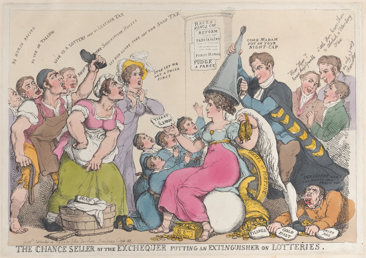 Il venditore di chance del Tesoro che mette un estintore sulle lotterie, 18 settembre 1823 da Thomas Rowlandson