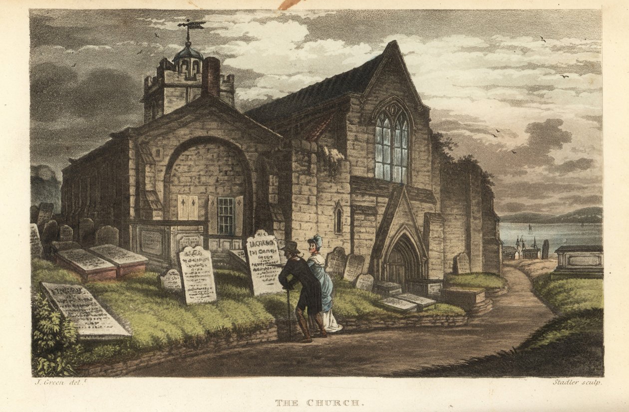 La chiesa: vecchi turisti che leggono le lapidi in un cimitero gotico. Incisione a mano colorata da Thomas Rowlandson, acquaforte di J.C. Stadler, da uno schizzo di J. Green da Poetical Sketches of Scarborough, Ackermann, Londra da Thomas Rowlandson