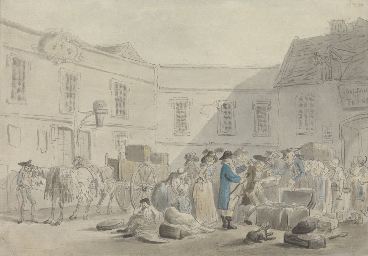 La Dogana a Boulogne - verso: Schizzo a grafite di cavalli, carrozze e edifici da Thomas Rowlandson