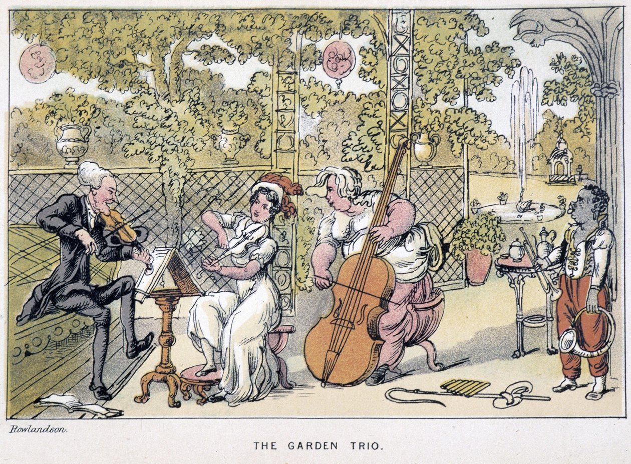Il Dottore che suona il violino: “Il Trio del Giardino” - in “I tre tour del Dottor Syntax: alla ricerca del pittoresco, della consolazione e di una moglie” di William Combe da Thomas Rowlandson