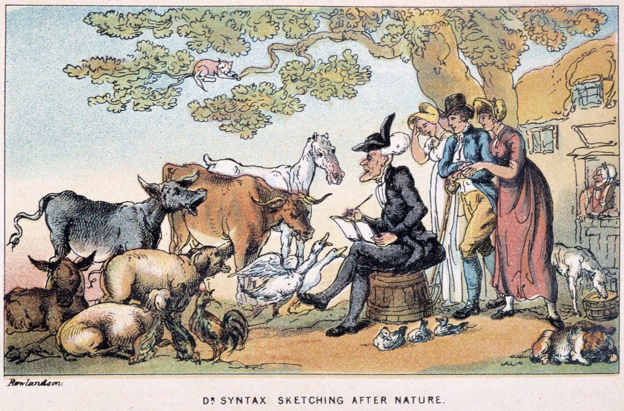 Il dottore disegna animali da fattoria dalla natura - in "I tre viaggi del dottor Syntax: alla ricerca del pittoresco, della consolazione e di una moglie" di William Combe, ill. Rowlandson da Thomas Rowlandson
