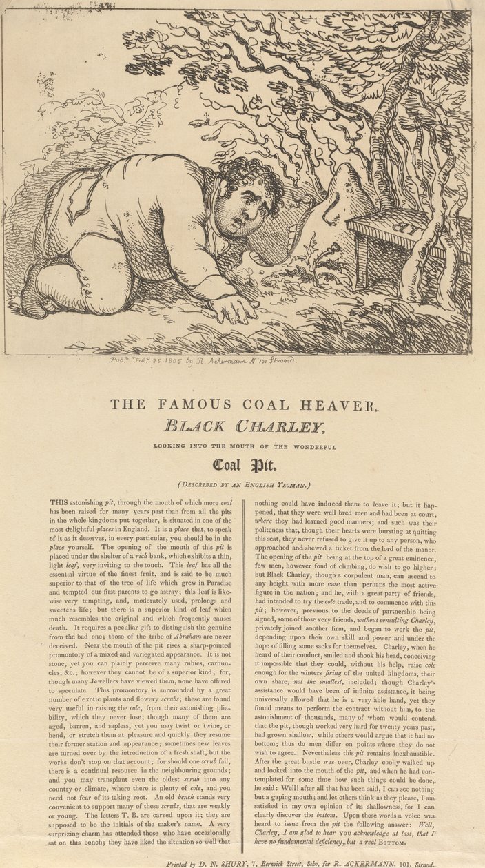 Il famoso scaricatore di carbone, Black Charley, mentre scruta l’imboccatura della meravigliosa miniera di carbone da Thomas Rowlandson