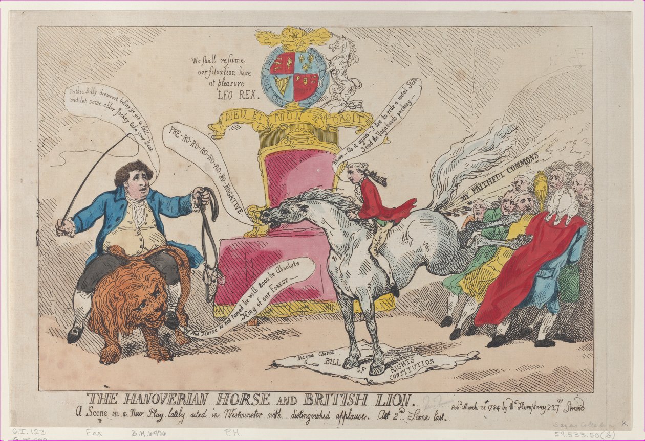 Il cavallo hannoveriano e il leone britannico, 31 marzo 1784 da Thomas Rowlandson