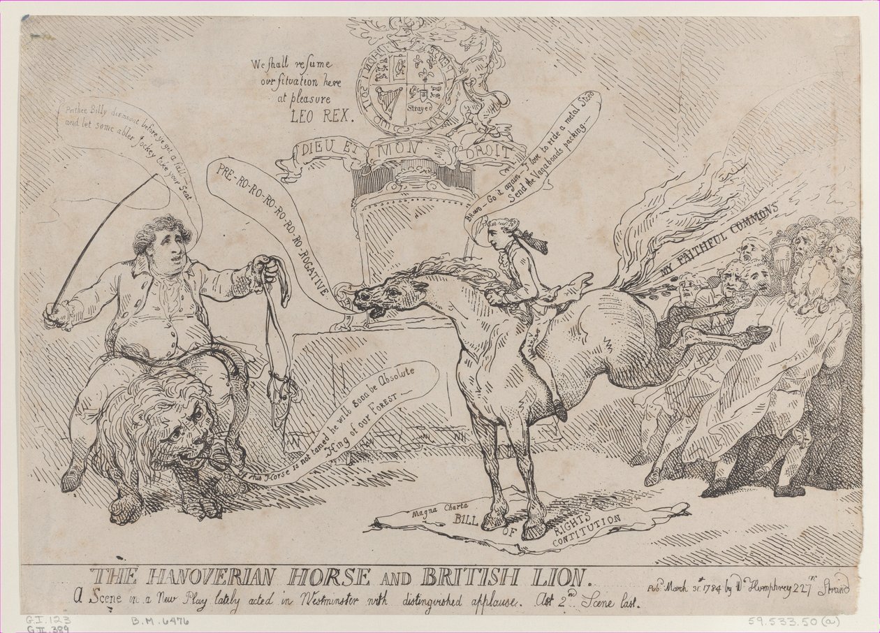 Il cavallo di Hannover e il leone britannico, 31 marzo 1784 da Thomas Rowlandson