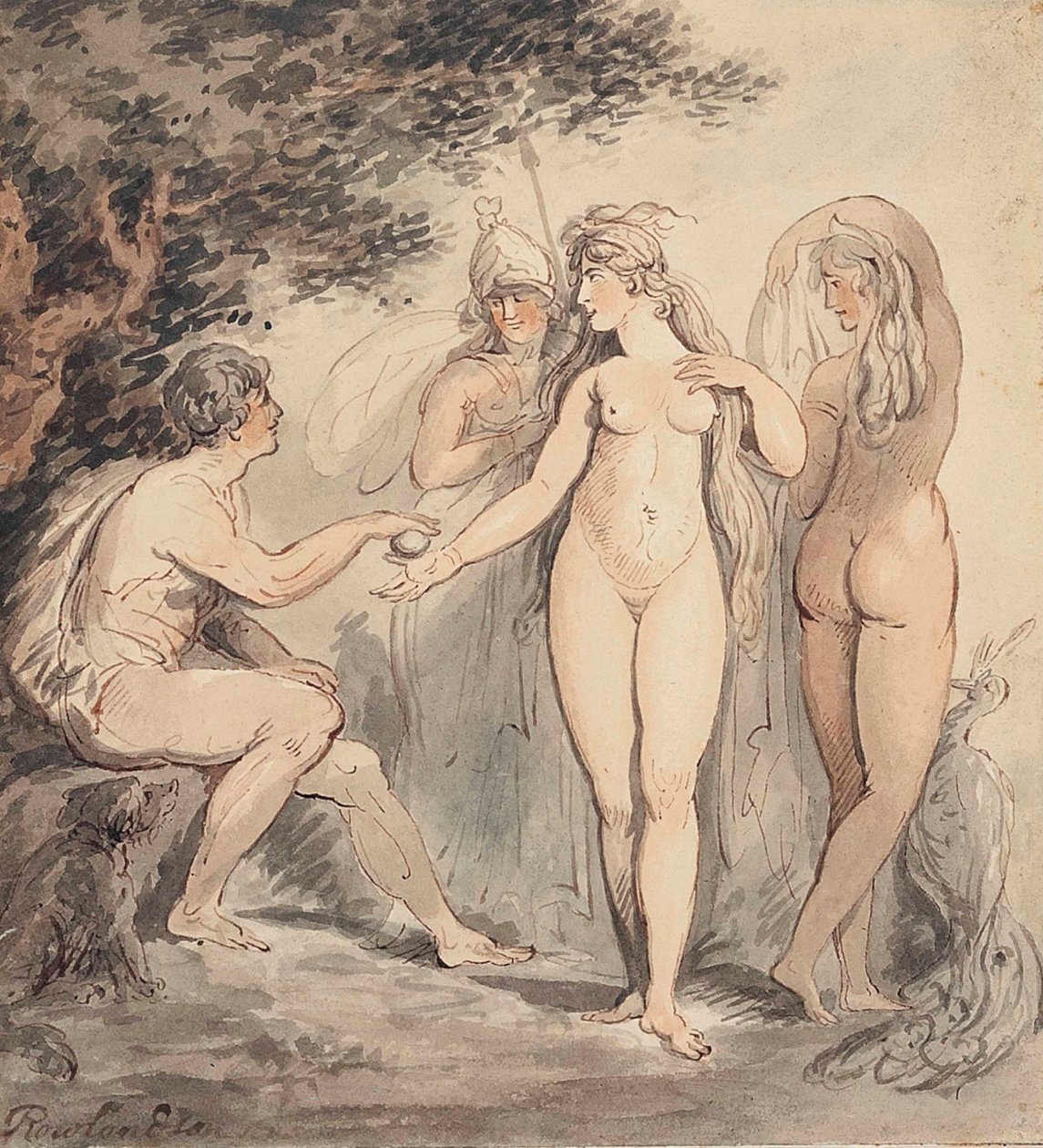 Il giudizio di Parigi, firmato "Rowlandson" (in basso a sinistra), penna e inchiostro bruno e acquerello, 7 ¼ x 6 ¾ pollici. (18,4 x 17,2 cm.) da Thomas Rowlandson