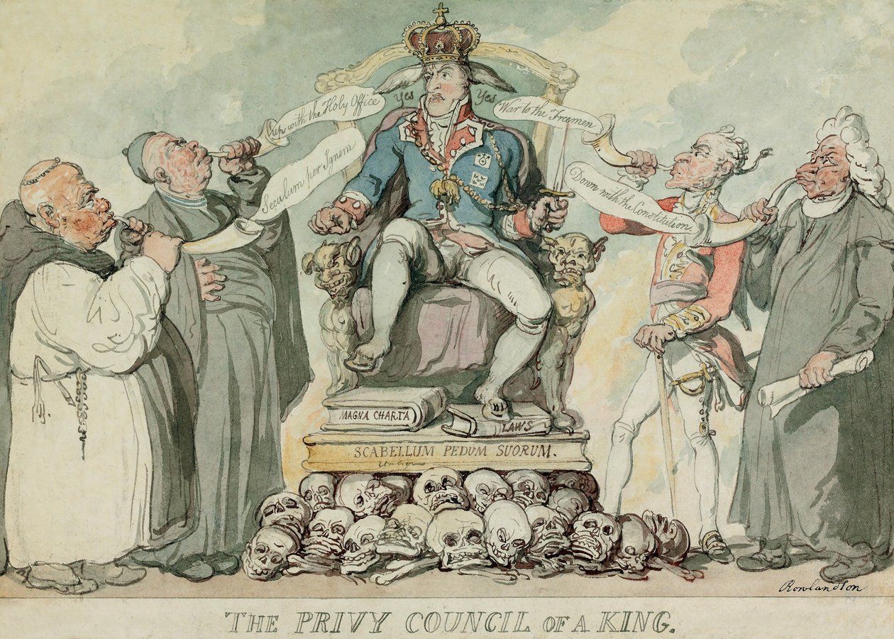 Il Consiglio Privato di un Re, pub. 1815 (incisione colorata a mano) da Thomas Rowlandson