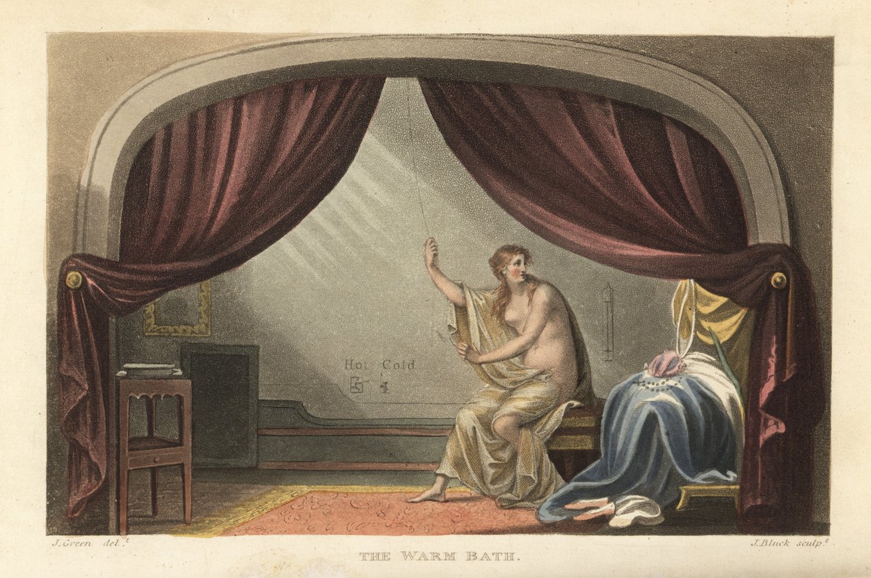 Il bagno caldo: donna nuda che fa il bagno dietro le tende in una stanza in stile Regency. Si dice sia un ritratto di Mary Robinson, amante di Re Giorgio IV. Incisione a mano colorata di Thomas Rowlandson, acquaforte di J. Bluck, da uno schizzo di J. Green da Thomas Rowlandson