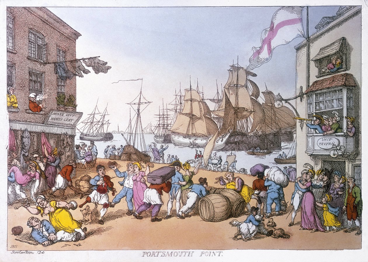 Il distretto di Portsmouth, vignetta che descrive le attività di questo porto inglese da Thomas Rowlandson
