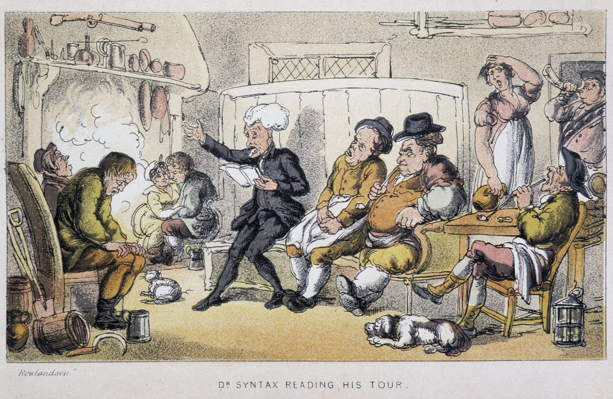 Il dottore legge a una veglia - in "I tre viaggi del dottor Syntax: alla ricerca del pittoresco, della consolazione e di una moglie" di William Combe, ill. Rowlandson da Thomas Rowlandson