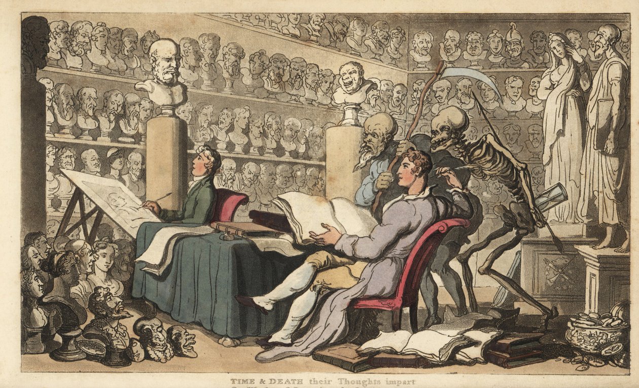 Le figure del Tempo con una falce e della Morte con la sua lancia e clessidra stanno dietro un artista con una penna d