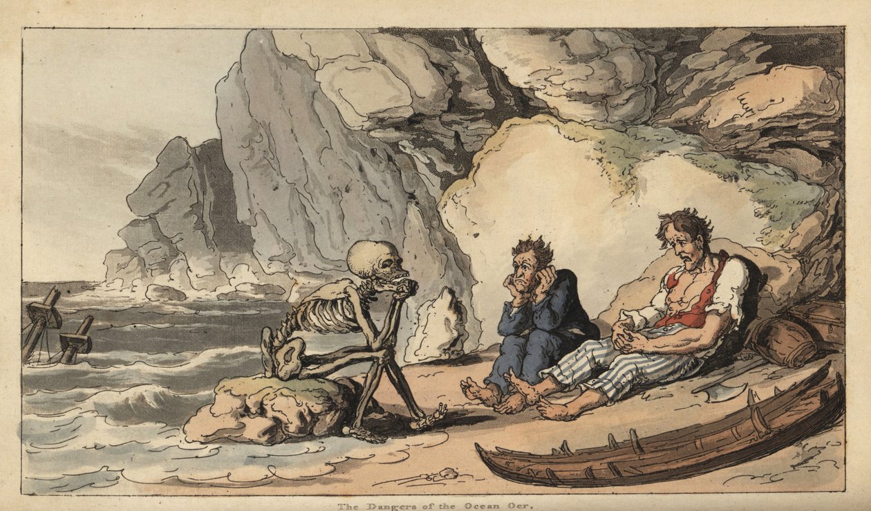La figura scheletrica della Morte siede su una spiaggia con due marinai naufragati. Incisione a mano colorata disegnata e incisa da Thomas Rowlandson da The English Dance of Death, Ackermann, Londra da Thomas Rowlandson