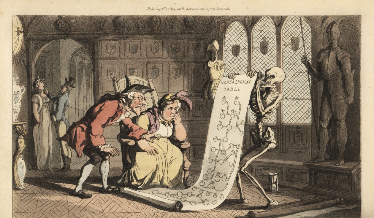 Lo scheletro della Morte con la sua clessidra mostra un albero genealogico a due anziani aristocratici genealogisti in una stanza con scudi araldici e armature. Incisione a mano colorata disegnata e incisa da Thomas Rowlandson da The English Dance of Death da Thomas Rowlandson