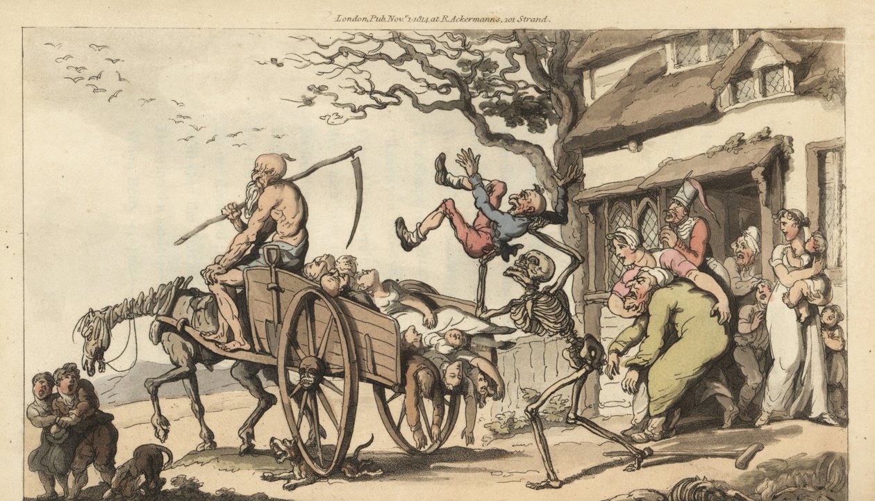 Lo scheletro della Morte e il vecchio Tempo vengono a prendere il vecchio marito di Goody Barton, ma il carro è già troppo pieno di cadaveri. da Thomas Rowlandson