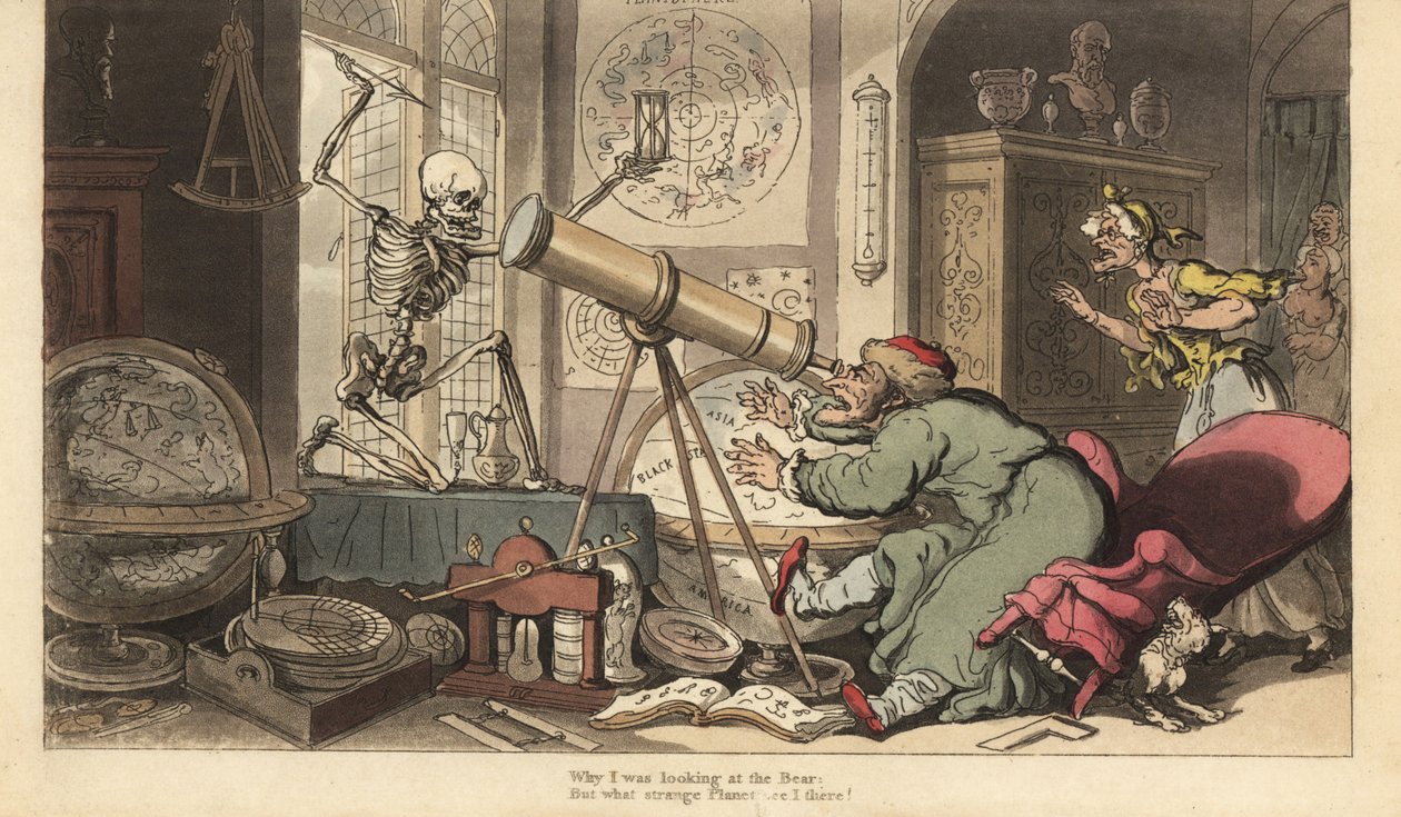 Lo scheletro della Morte appare davanti al telescopio del vecchio astronomo, facendolo cadere dalla sedia. Incisione a mano colorata disegnata e incisa da Thomas Rowlandson da The English Dance of Death da Thomas Rowlandson
