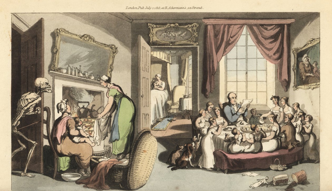 Lo scheletro della Morte appare nel salotto di una grande famiglia per prendere un bambino o un neonato. da Thomas Rowlandson