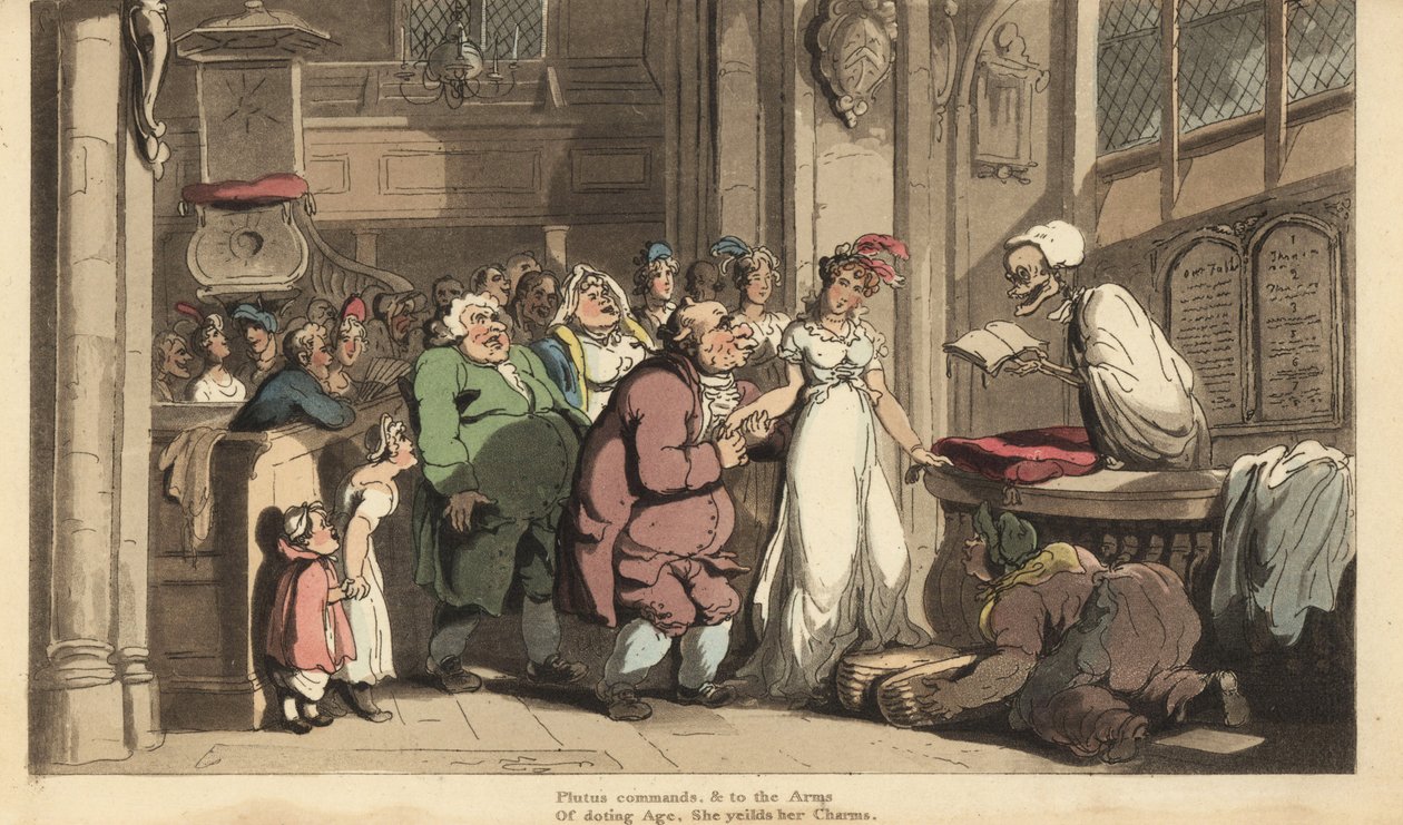 Lo scheletro della Morte come sacerdote celebra il matrimonio tra una giovane donna e un vecchio brutto. Incisione colorata a mano disegnata e incisa da Thomas Rowlandson da 