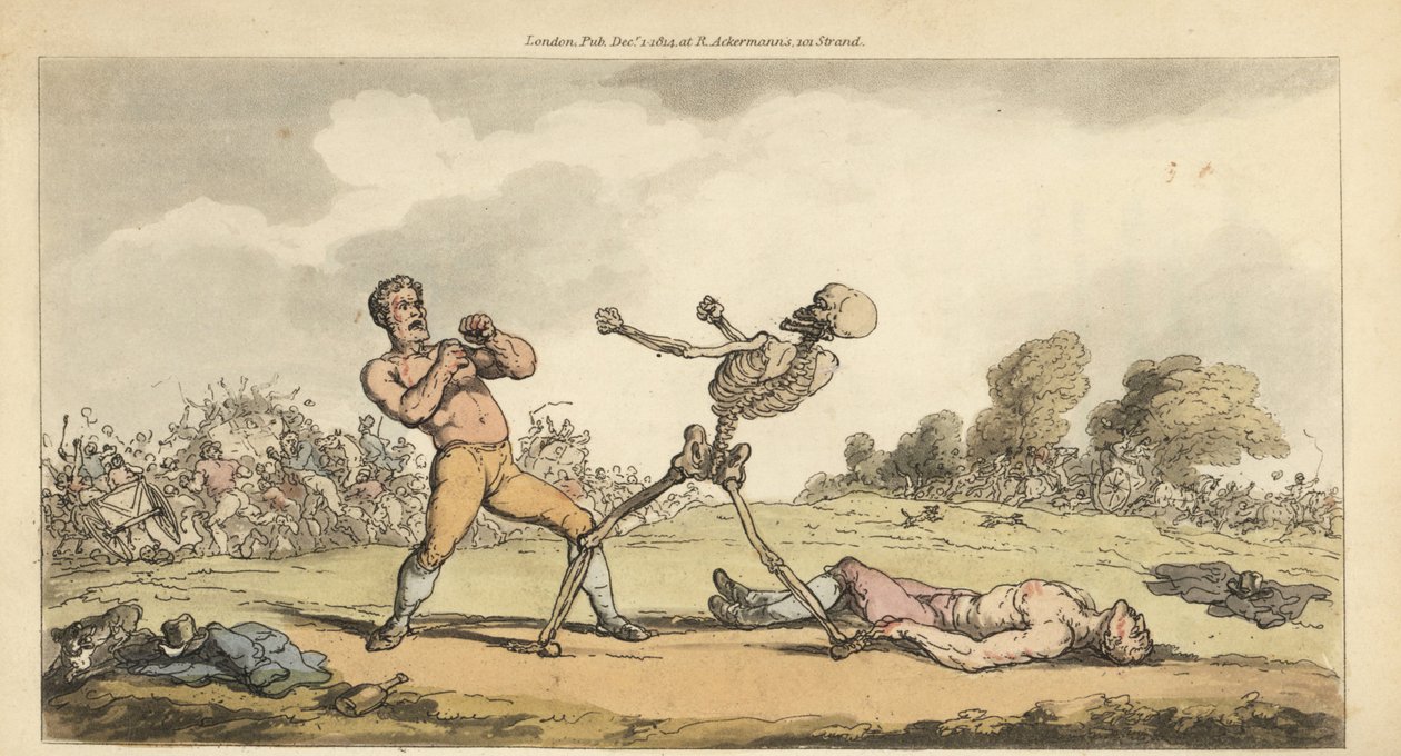Lo scheletro della Morte combatte con un pugile a mani nude mentre un altro pugile giace a terra e la folla fugge terrorizzata da Thomas Rowlandson