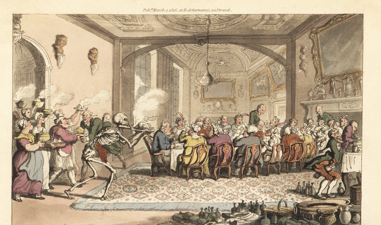 Lo scheletro della Morte porta un piatto fatale a un banchetto goloso in una grande sala. Incisione a mano colorata disegnata e incisa da Thomas Rowlandson da The English Dance of Death, Ackermann, Londra da Thomas Rowlandson