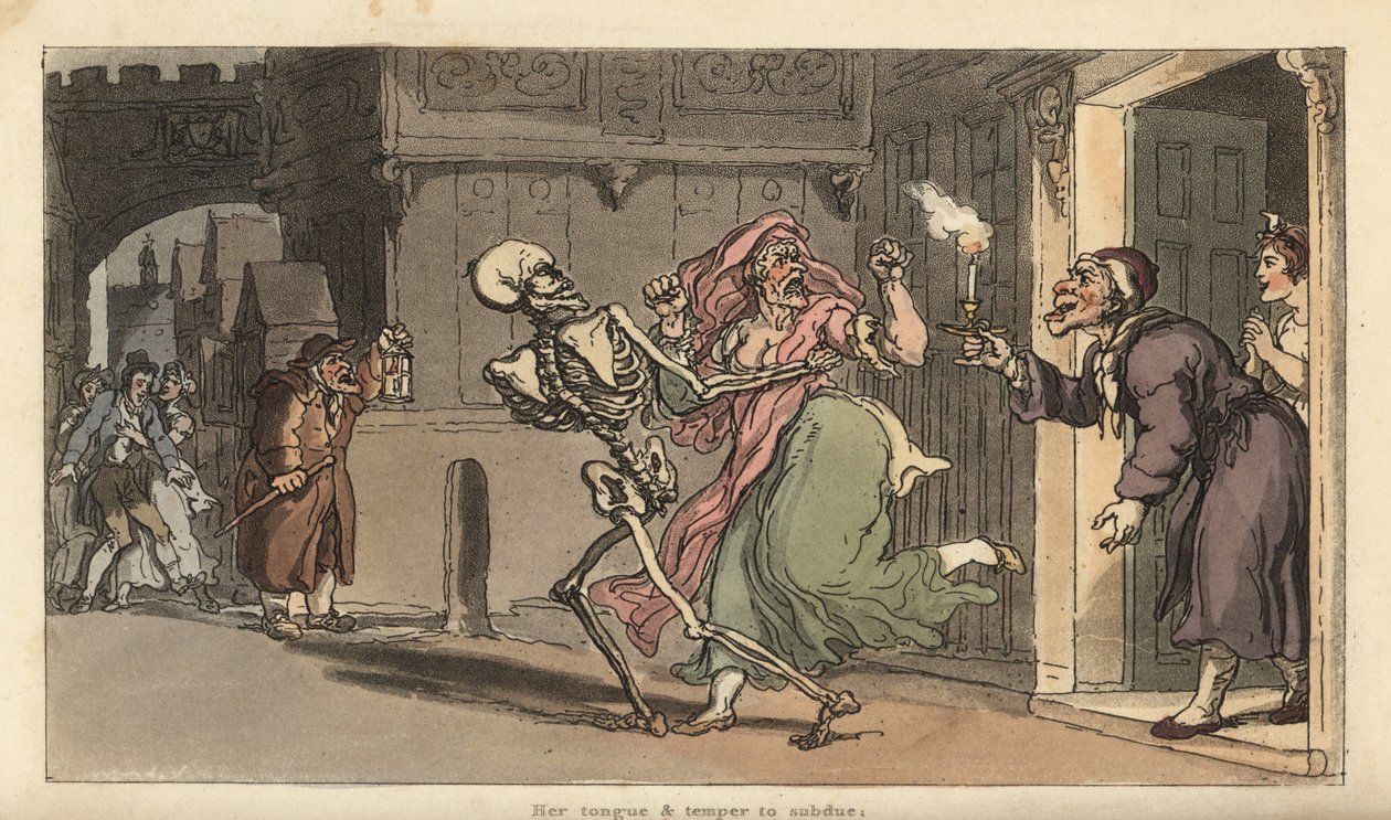 La morte porta via una virago da una casa mentre una guardia notturna con lanterna osserva. Incisione a mano colorata di Thomas Rowlandson da The English Dance of Death, Ackermann, Londra da Thomas Rowlandson