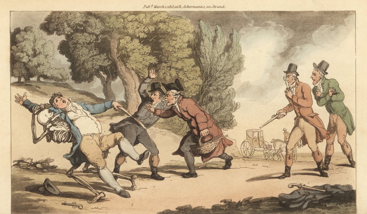 Lo scheletro della Morte porta via un uomo ferito prima che il medico possa curarlo dopo un duello fatale con pistole in un parco da Thomas Rowlandson