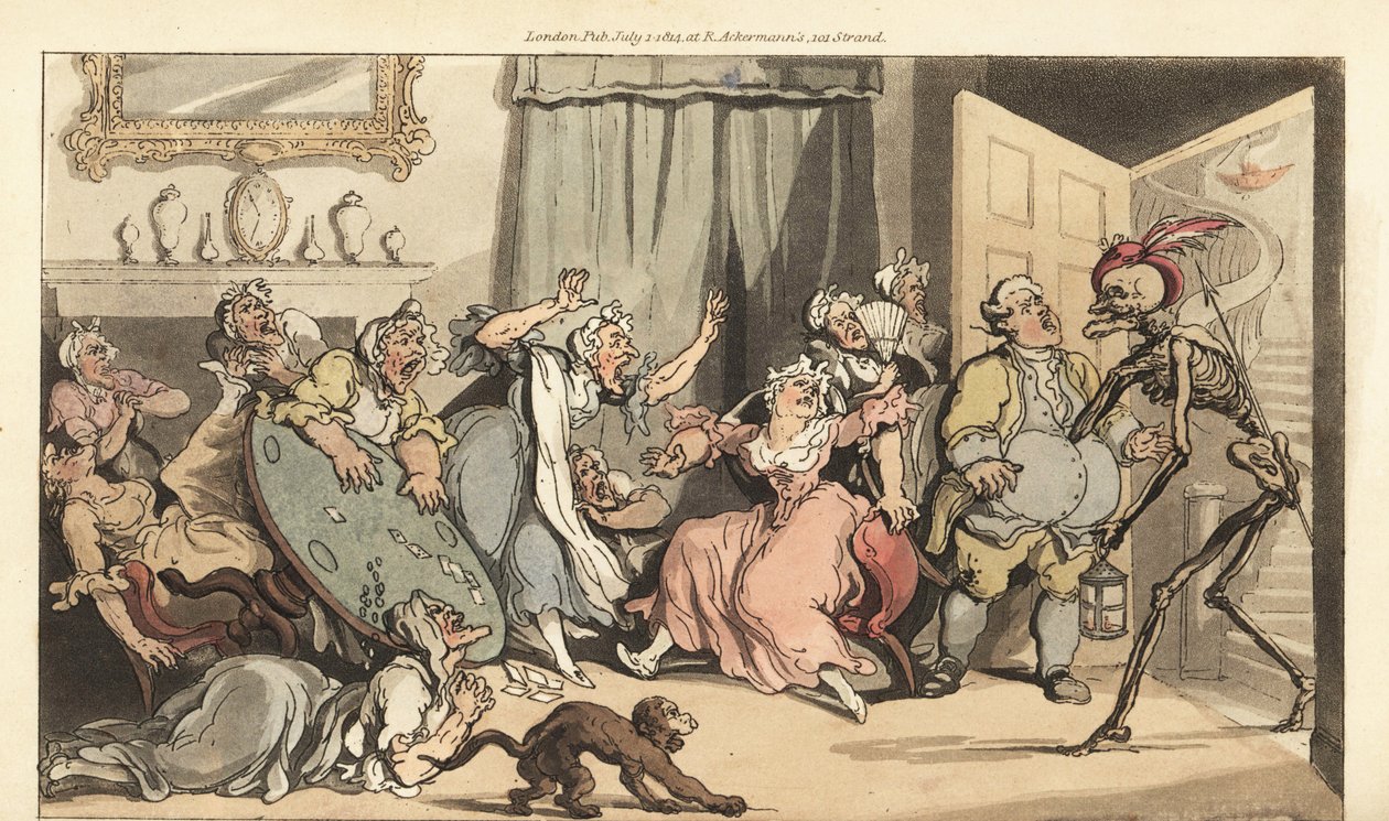 Lo scheletro della Morte viene per Miss Mustard, una delle vecchie signore che giocano a carte in un salotto. da Thomas Rowlandson