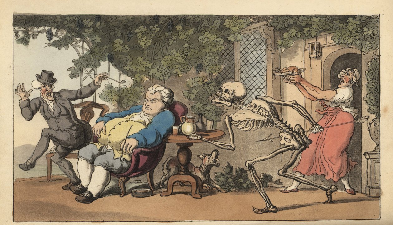 Lo scheletro della Morte arriva per Tom Higgins, un giovane muratore che è morto aspettando un piatto fuori da una locanda. Incisione a mano colorata disegnata e incisa da Thomas Rowlandson da The English Dance of Death, Ackermann, Londra da Thomas Rowlandson