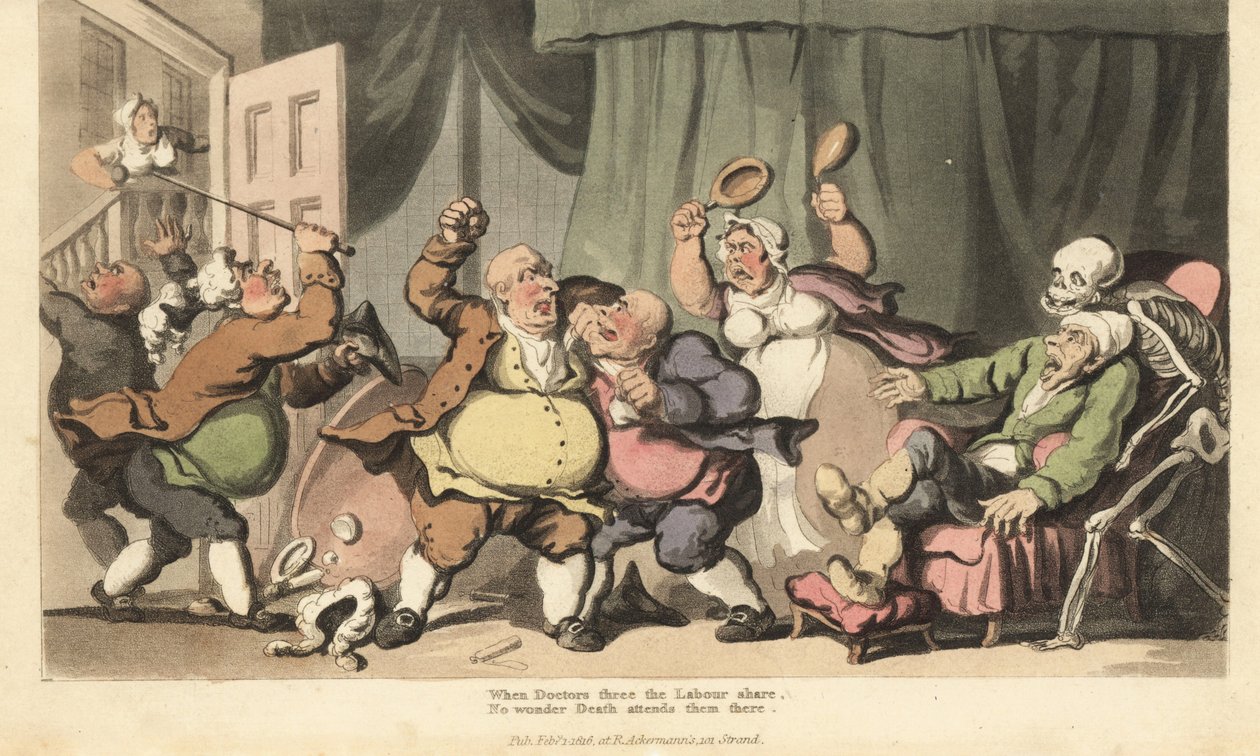 Lo scheletro della Morte arriva per un malato mentre tre medici ciarlatani litigano, e una cameriera li attacca con padelle da letto nella Guerra della Camera. Incisione colorata a mano disegnata e incisa da Thomas Rowlandson da 