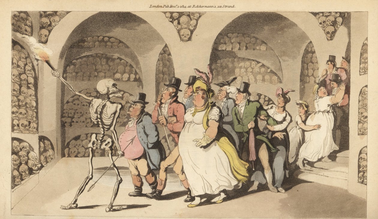 Lo scheletro della Morte guida un gruppo di turisti attraverso le Catacombe di Parigi da Thomas Rowlandson