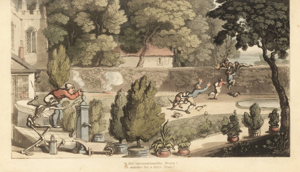 Lo scheletro della Morte aiuta un proprietario terriero a prendere la mira con un moschetto contro ragazzi che cacciano di frodo nel suo giardino cercando di fuggire oltre un muro. Incisione a mano colorata su rame disegnata e incisa da Thomas Rowlandson d da Thomas Rowlandson