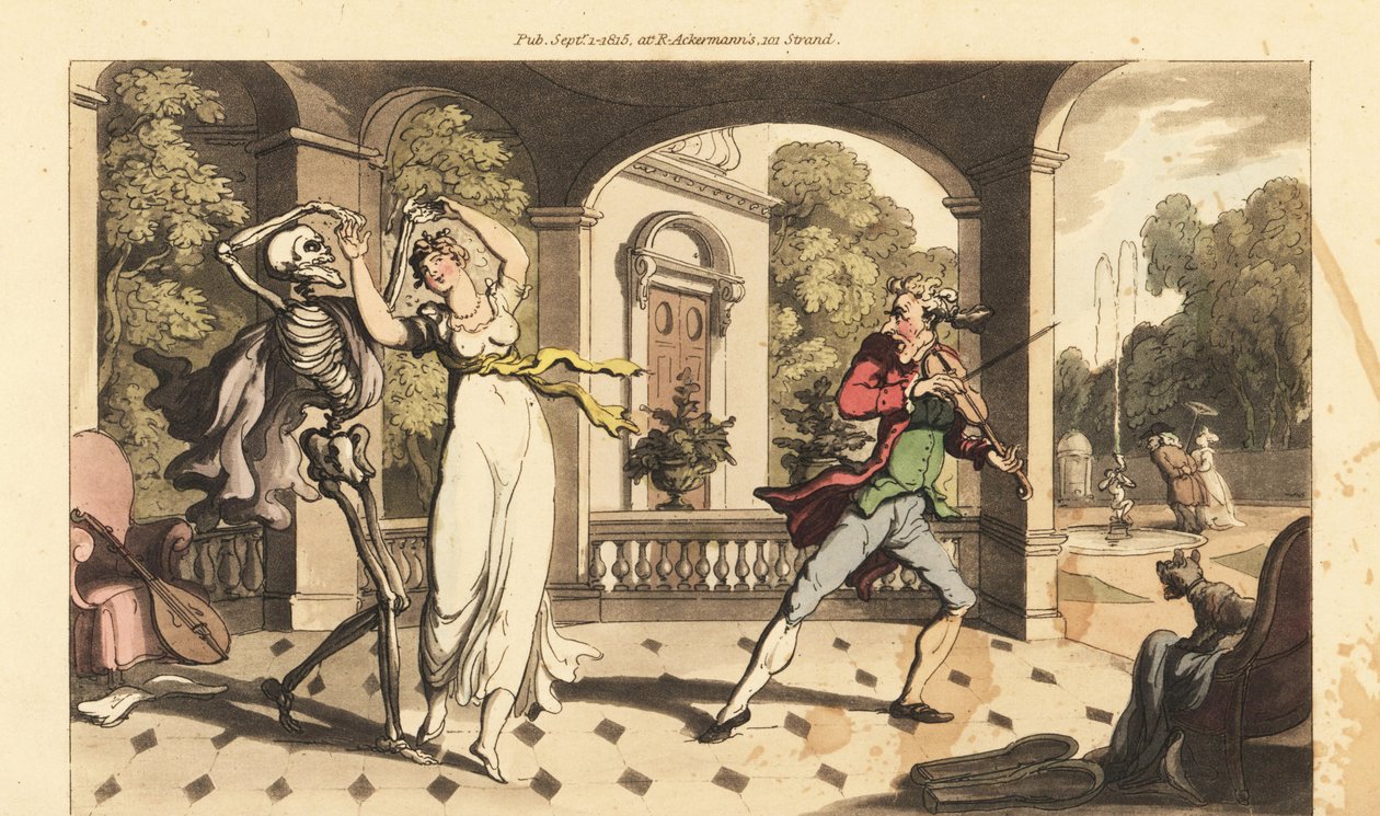 Lo scheletro della Morte in un mantello danza un ultimo valzer con la fragile Caelia, mentre il suo maestro di danza guarda inorridito. Incisione colorata a mano disegnata e incisa da Thomas Rowlandson da 