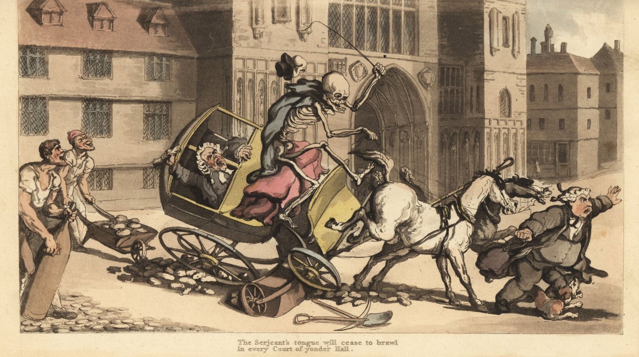 Lo scheletro della Morte in mantello e cappello guida una carrozza a due cavalli che si schianta contro lavori stradali uccidendo il suo passeggero, un ufficiale di corte. Incisione a mano colorata su rame disegnata e incisa da Thomas Rowlandson da The Eng da Thomas Rowlandson