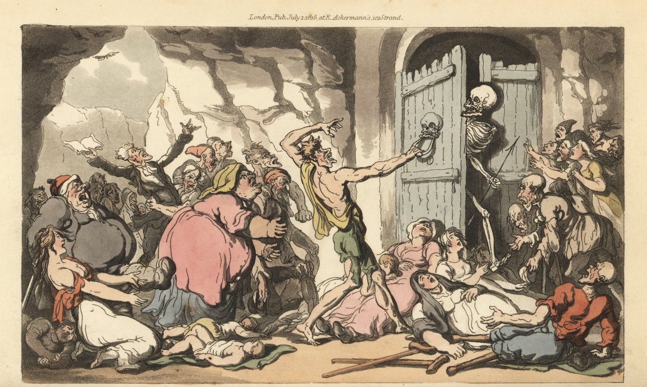 Lo scheletro della Morte guarda fuori dalla porta della morte, per vedere la folla di obesi, zoppi, storpi, vecchi e pazzi in attesa di liberazione dai tormenti della vita. Incisione a mano colorata disegnata e incisa da Thomas Rowlandson da The English Da da Thomas Rowlandson