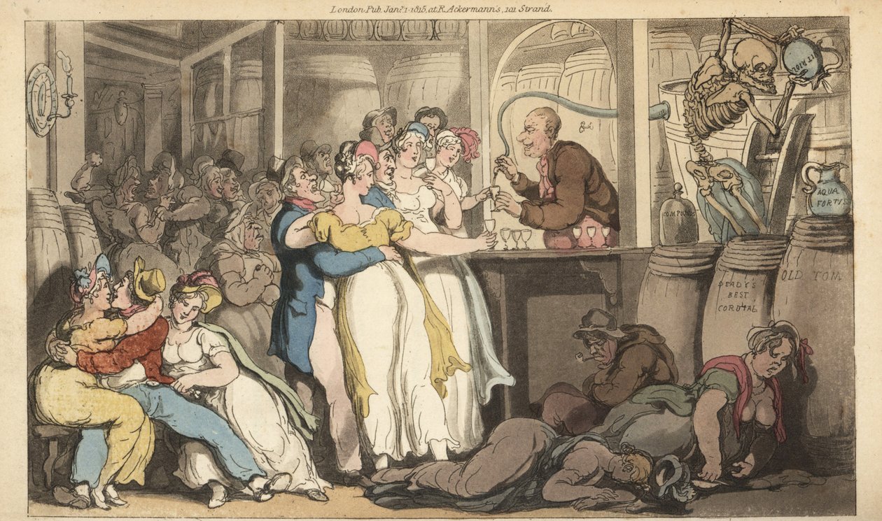 Lo scheletro della Morte versa vetriolo e acqua forte nelle botti in una taverna. Diverse bellezze bevono al bar, mentre le sue vittime cadono morte vicino alle botti. Incisione a mano colorata disegnata e incisa da Thomas Rowlandson da The English Dance o da Thomas Rowlandson